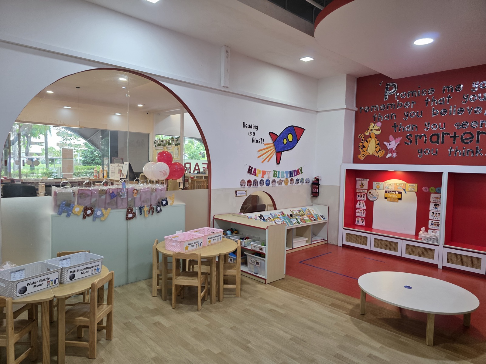 The reading corner and learning spaces inside MapleBear Jurong Gateway